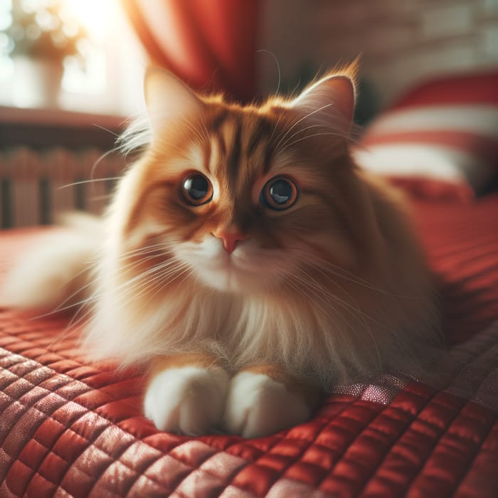 Cute Cat Sitting on Red Bed