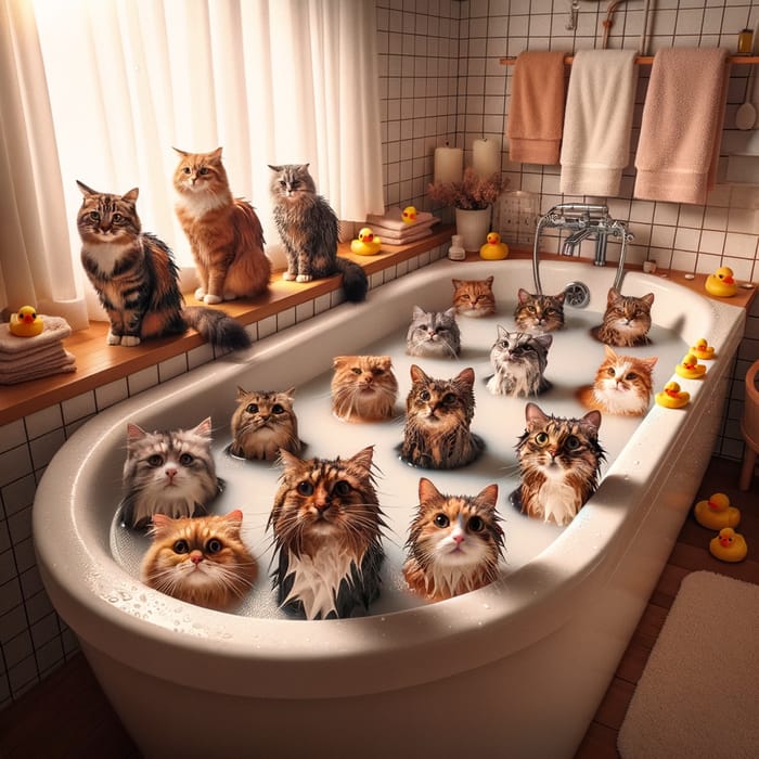 Happy Cats Splashing in Bathtub