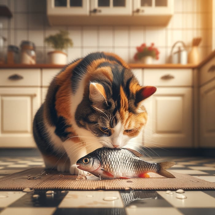 Calico Cat Eating Fish in Cozy Kitchen