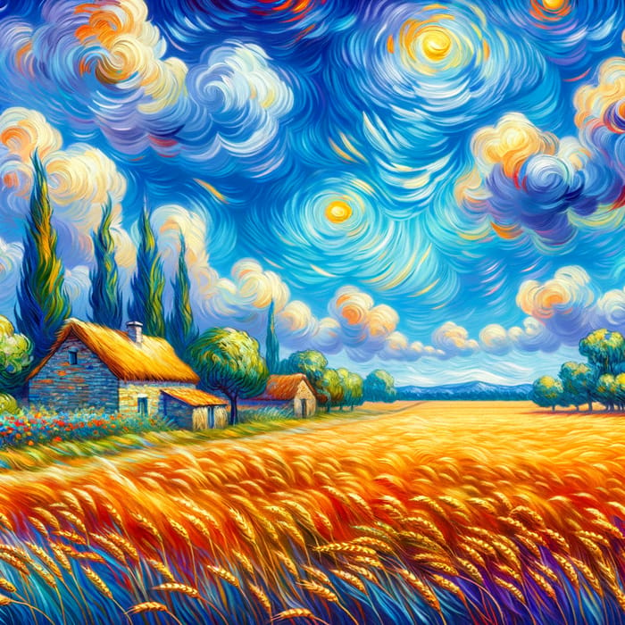 Van Gogh Style Desktop Wallpaper: Tranquil Wheat Field Landscape
