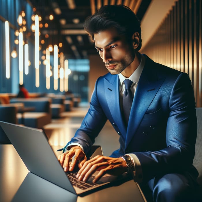 Professional Man in Blue Suit Coding on Computer | Modern Tech Workspace