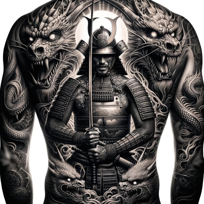 Intricate Back Tattoo: Samurai, Skulls, Dragons & Body Art
