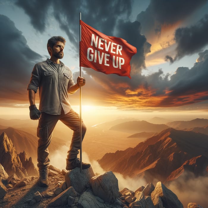 Resilient Middle-Eastern Man on Rocky Peak with 'Never Give Up' Flag