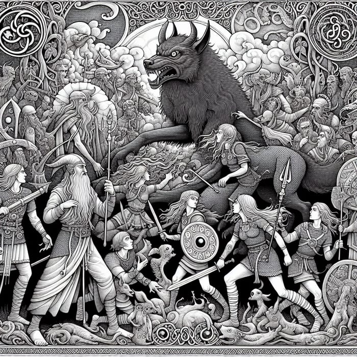Nordic Ringerike Art: Odin vs Fenrir Battle With Nornas & Einherjar