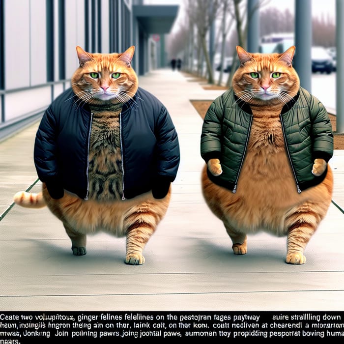Fat Ginger Cats in Human-Like Behavior Walking Sidewalk