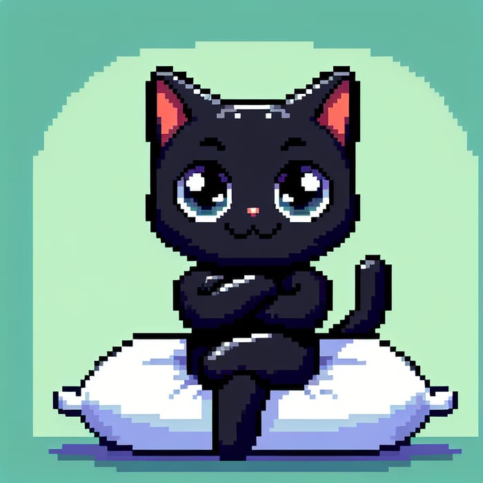8-Bit Black Cat Art: Playful and Inviting Pillow Scene