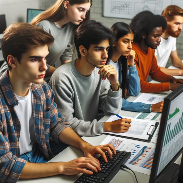 Young Professionals Analyzing Statistics in Computer Lab