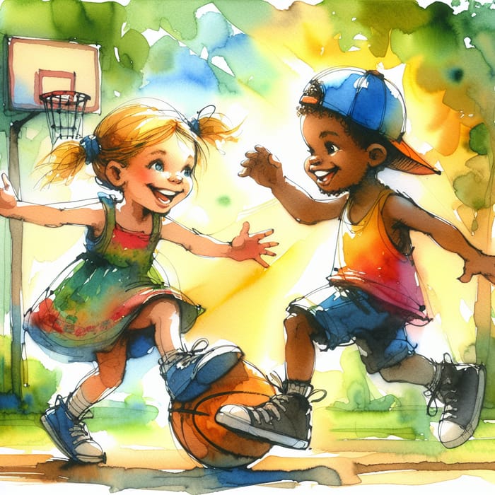 Vibrant Kids Playing Basketball in Sunny Park Watercolor Art