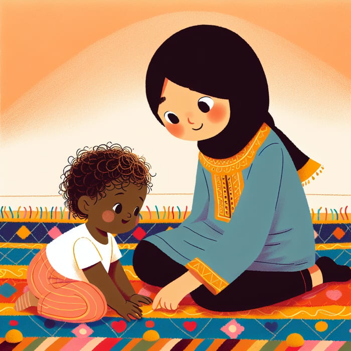 Sister Playing with Child on Colorful Carpet in Children's Book Style