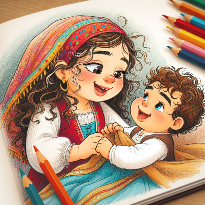 Heartwarming Children's Book Illustration: Young Girl and Baby Boy in Colorful Embrace
