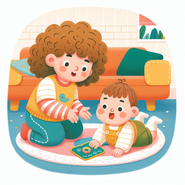 Joyful Babysitter Playing with Cute Child | Whimsical Kids Book Illustration