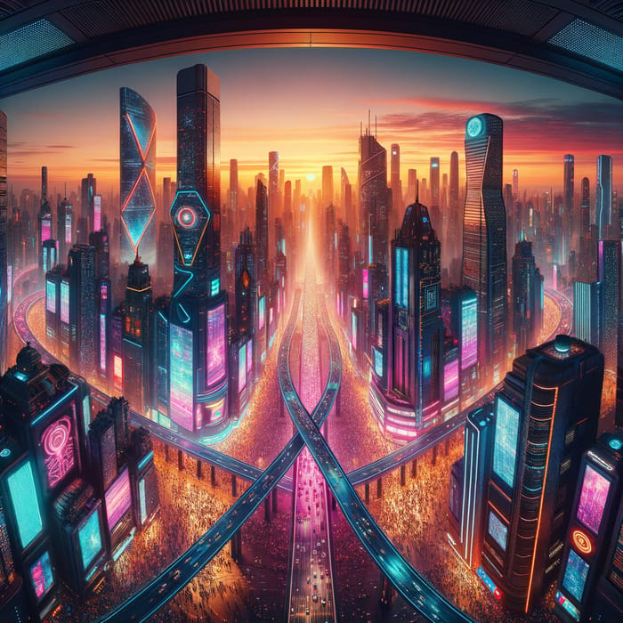 Dystopian Cyberpunk Cityscape at Sunset