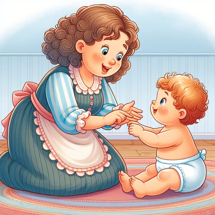 Joyful Caucasian Nanny Playing with Child | Colorful Children's Book Style
