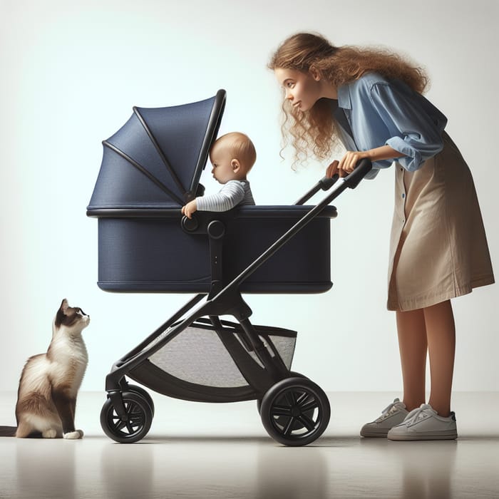 Modern Dark Blue Stroller: Play Sister, Baby Boy & Cat Interaction
