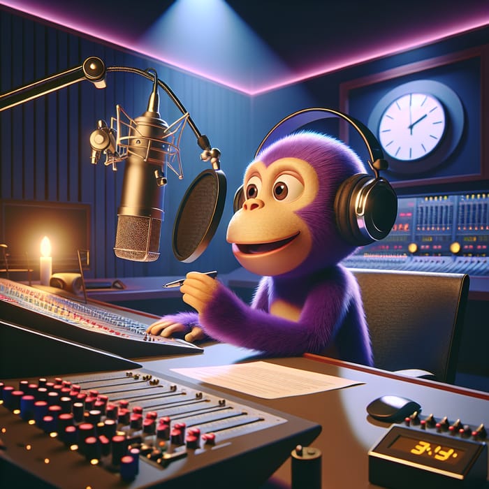 Engaging Purple Monkey Podcaster in Modern Recording Studio