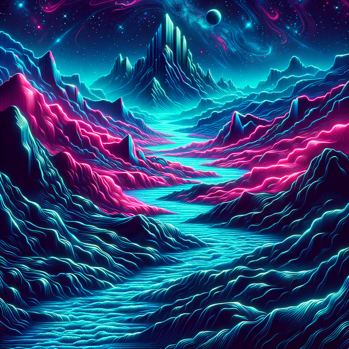Vivid 3D Mountainous River in Neon Colors - Hyper Realistic Art