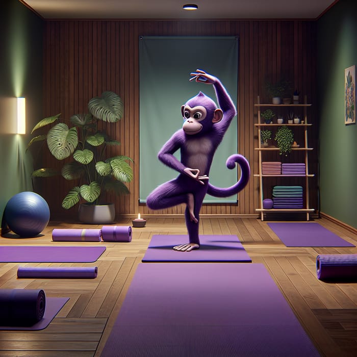 Animated Purple Monkey Doing Yoga in Studio