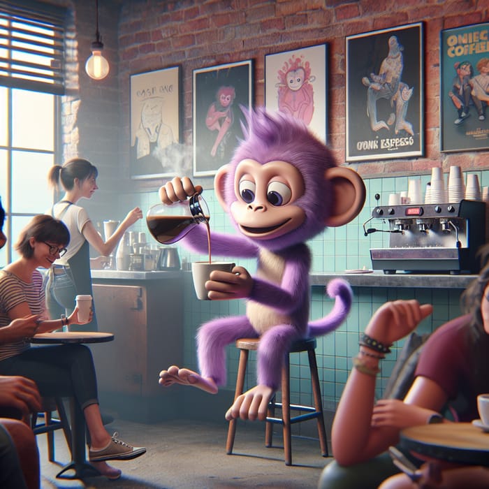 Animated Purple Monkey in Cozy Coffee Shop