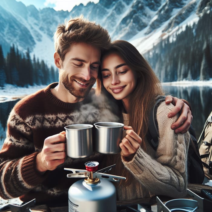 Happy Caucasian Couple Camping Near Snowy Mountain | Serene Adventure