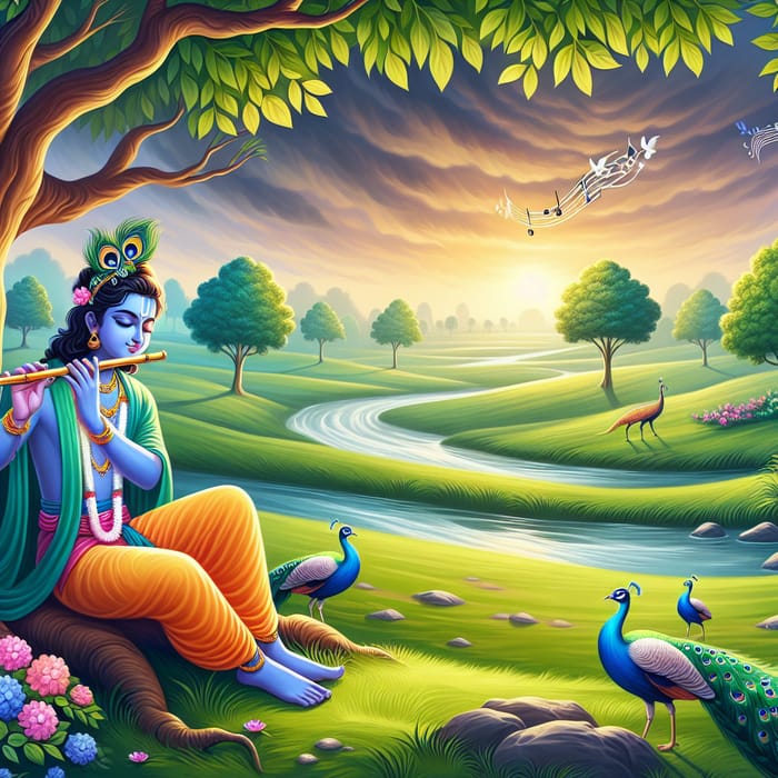 Krishna Playing Flute in Tranquil Landscape