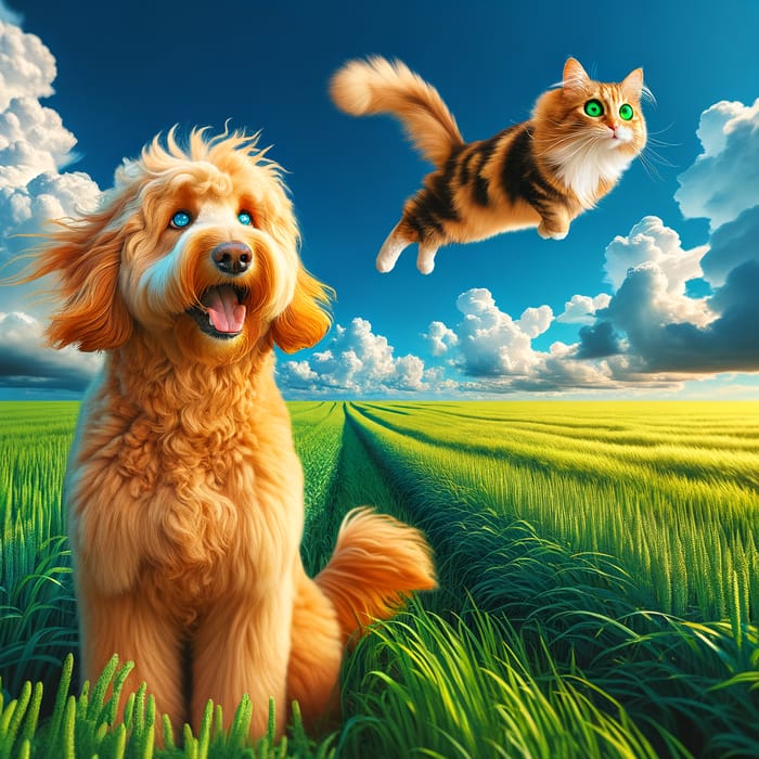 Charming Golden Doodle and Flying Cat in Fantasy Sky - Magical Illustration