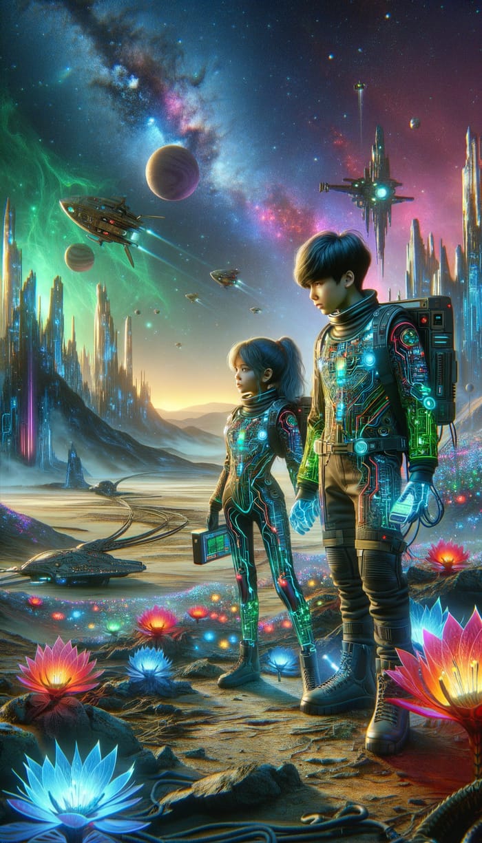 Cyberpunk Space Travelers: Boy and Girl Explorers