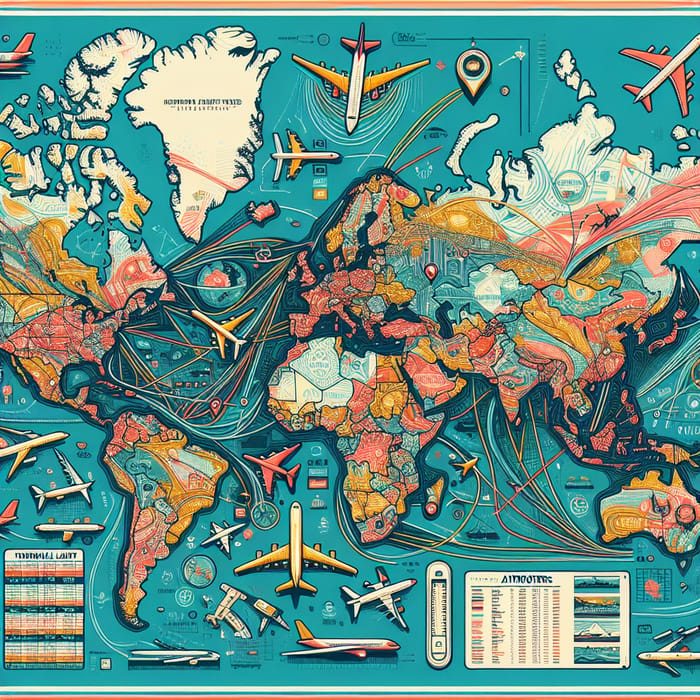 Detailed International Flight Routes Map with Vibrant Colors