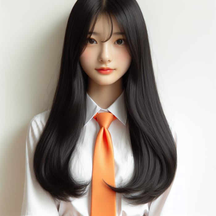 Asian Girl with Long Black Hair | White Shirt & Orange Tie