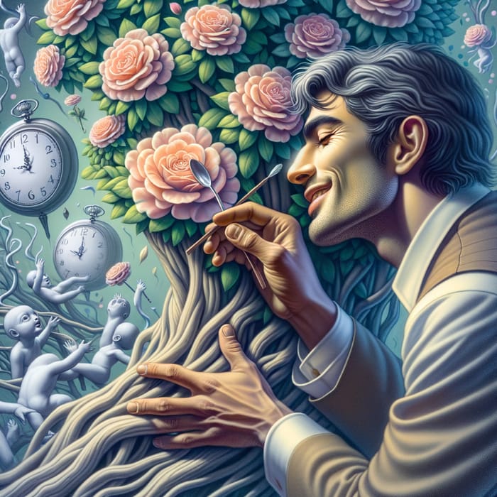 Surrealism Man Breaking Flowers: Tenderness, Sensual Smile, Melancholy