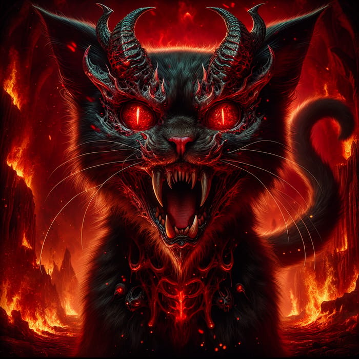 Diabolical Cat-Demon Hybrid in Hellish Realm