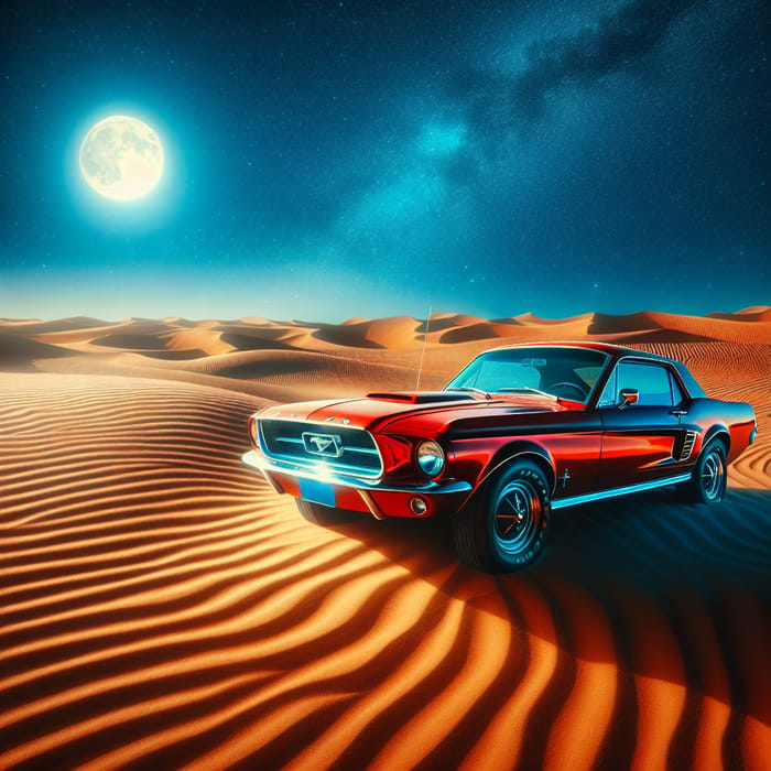 Vintage Red Ford Mustang in Desert | Tranquil Scene with Shimmering Beauty