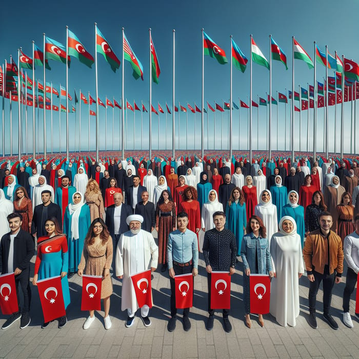 Solidarity and Friendship: Azerbaijani and Turkish Flags Unite in Multicultural Scene