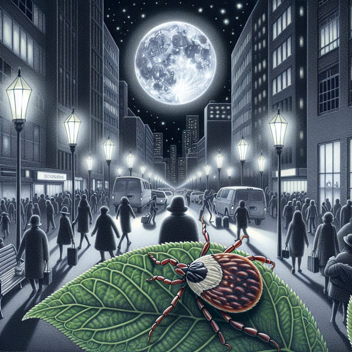 Nighttime Scene: Tick on Leaf Amidst Urban Life Nighttime Scene: Tick on Leaf Amidst Urban Life