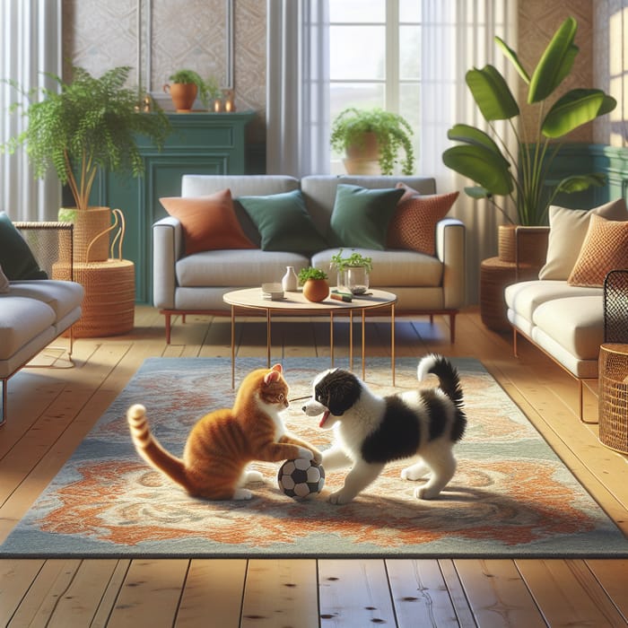 Adorable Cat and Puppy Playtime in Living Room