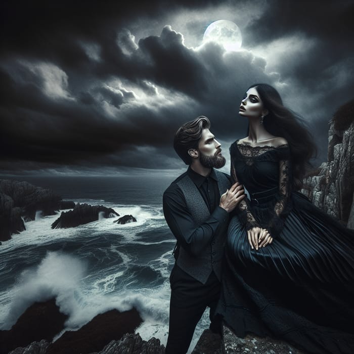 Dramatic Setting: Embracing Lovers at Cliff Edge