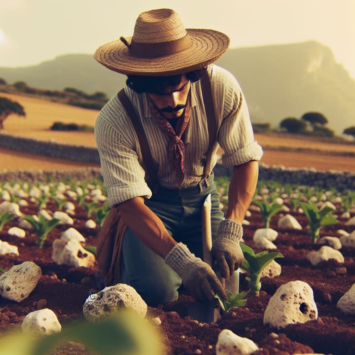 Hispanic Farmer in Stone-Covered Field | Agricultural Setting