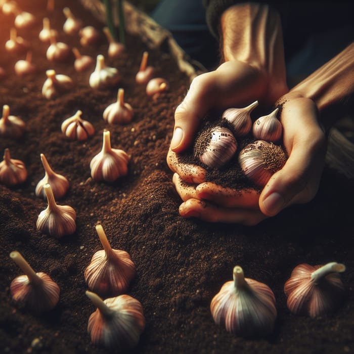 Capturing Growth: Planting Garlic Bulbs in Rich Soil Macro Shot