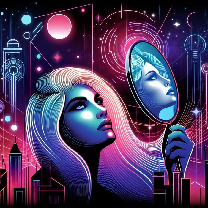 Blond Cyberpunk Beauty: Mirror Gazing Woman in Neon City