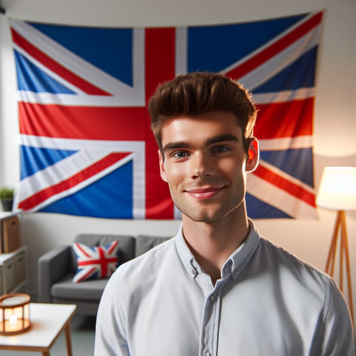 Caucasian Male in Modern Home with British Flag Background
