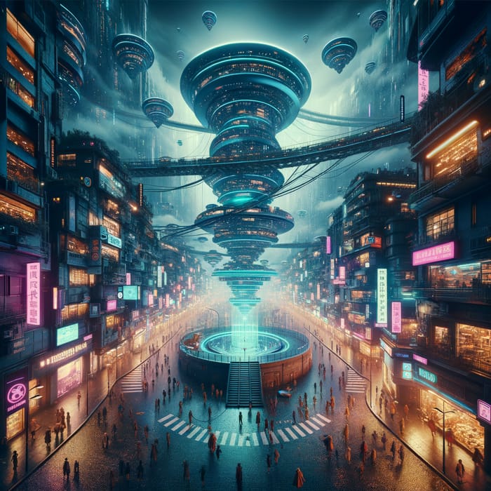 Cyberpunk Cityscape: Futuristic Floating Buildings & Neon Lights