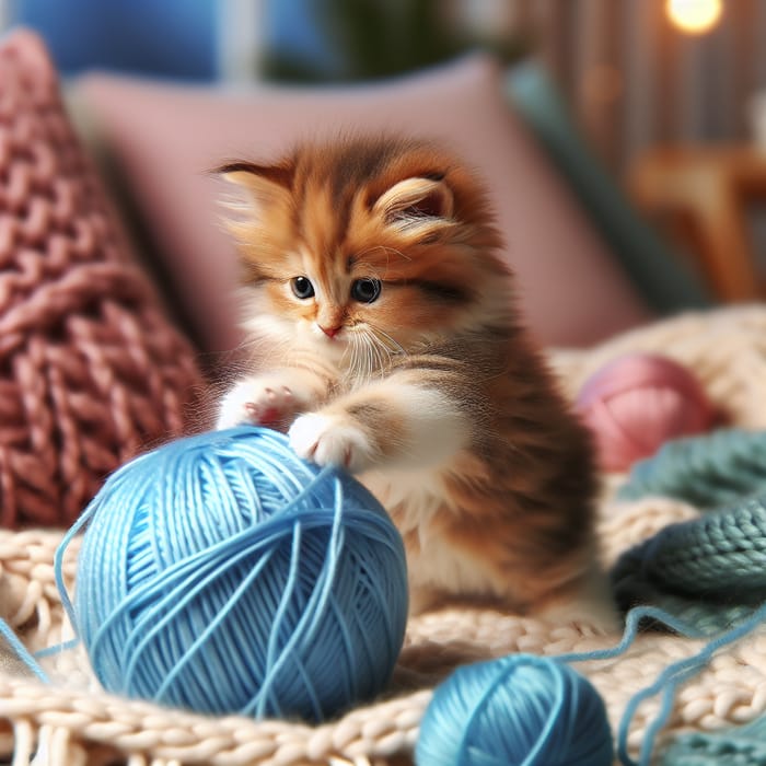 Adorable Kitten Playing with Blue Yarn | Cozy Home Environment