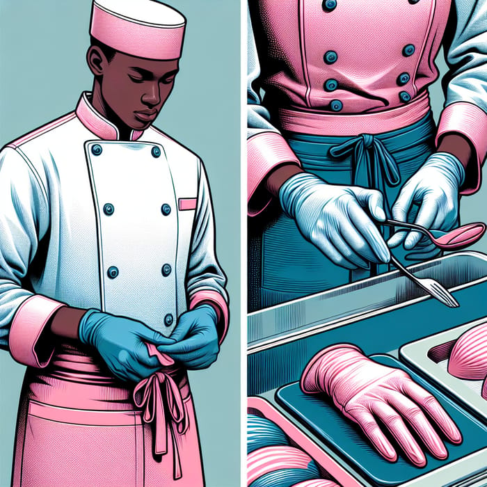 Pastry Chef Uniform in Pink Blue Style | Male & Female Employees in Gloves