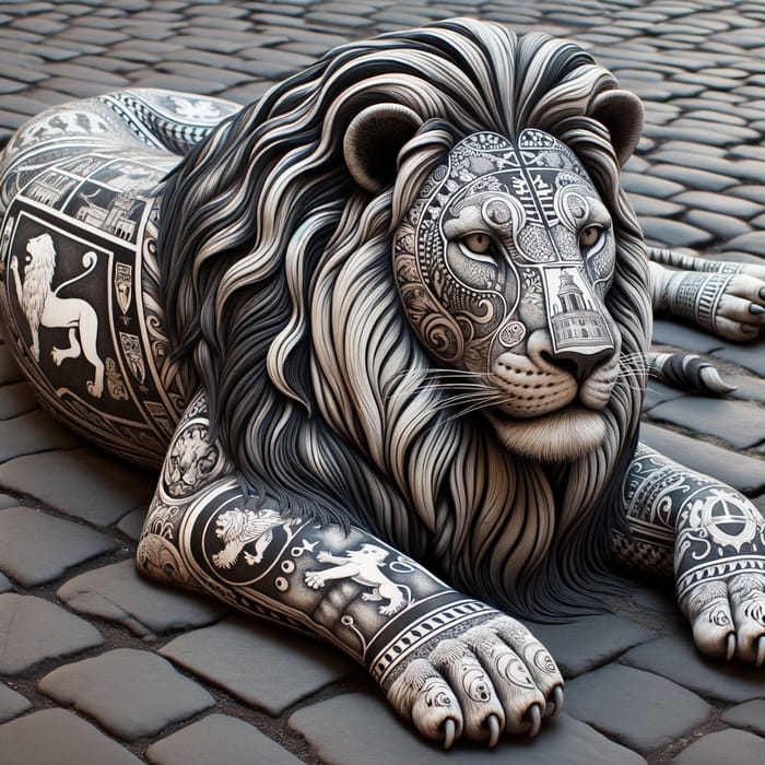 Majestic Lion on Ground with Italian Heraldic Imagery