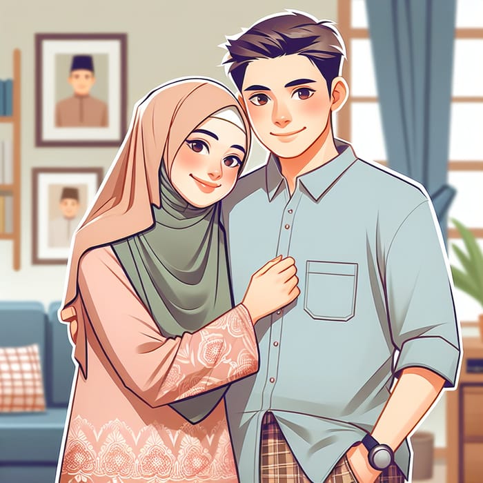 Malaysian Couple Embracing: Love at Home with Traditional Attire