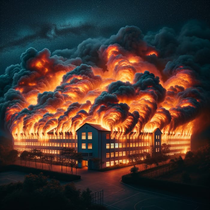 School Building on Fire - Captivating Wide Shot