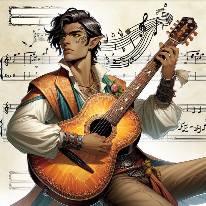 Hispanic Half-Elf Bard Playing Rosewood Fender Guitar | D&D Illustration