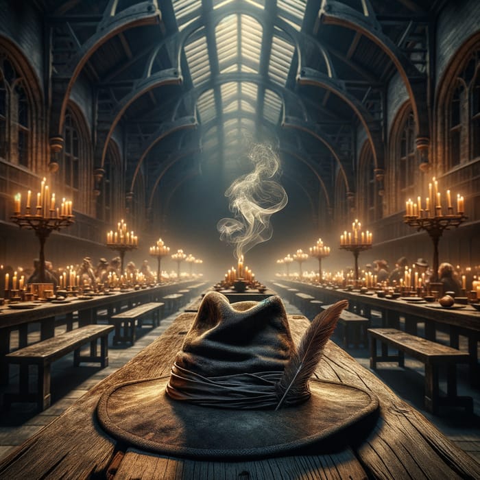 Dramatic Hogwarts Great Hall Illustration with Sorting Hat