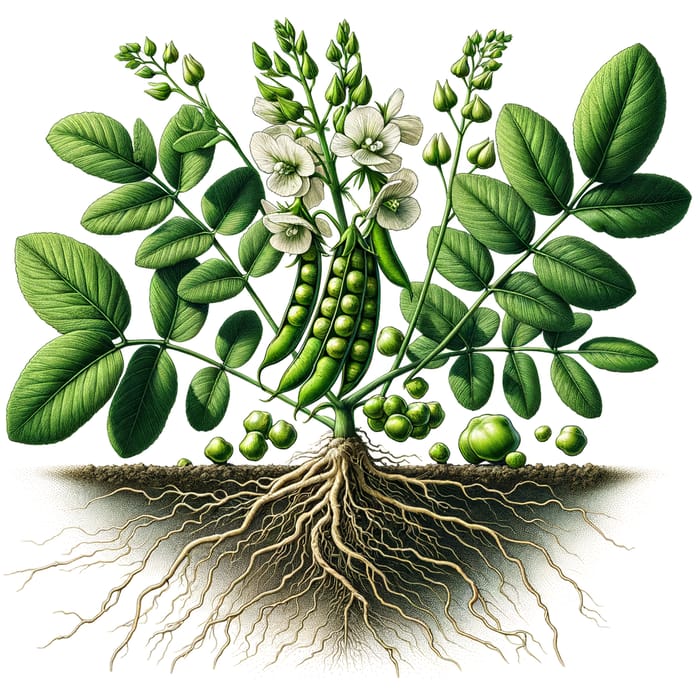 Chickpea Plant Roots Illustration | Botanical Artwork with Green Leaves, Flowers