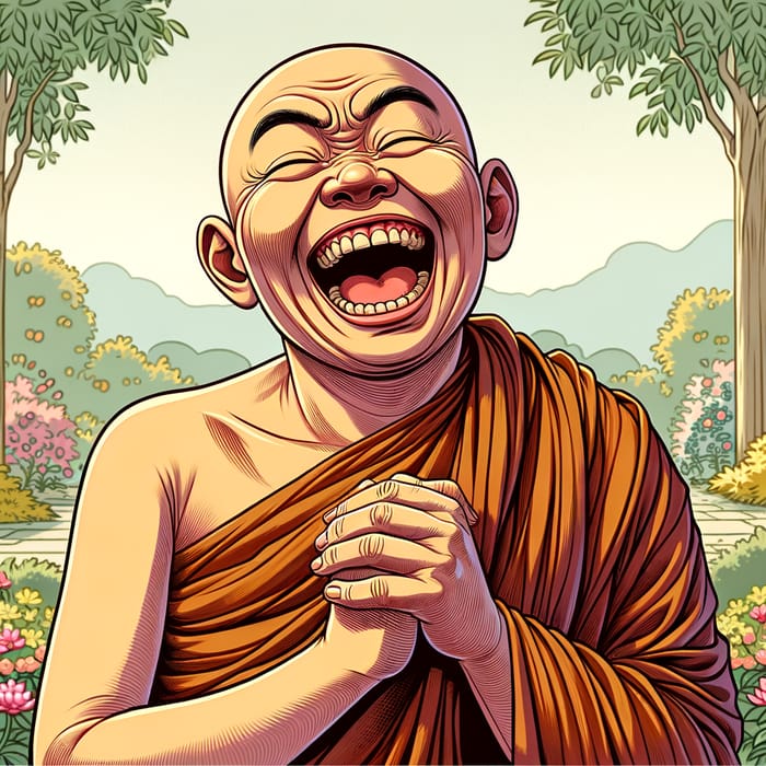 Laughing Monk in Peaceful Monastery Garden