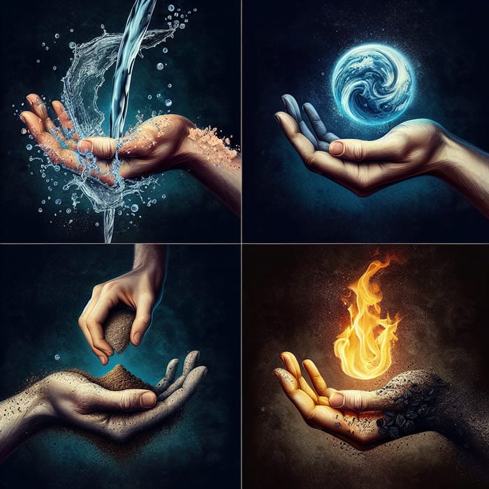 Elemental Hands: Water, Air, Earth, and Fire Grasped